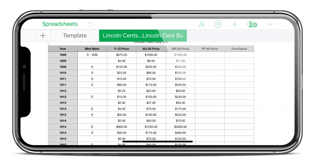 Coin Buy List in Numbers on iPhone