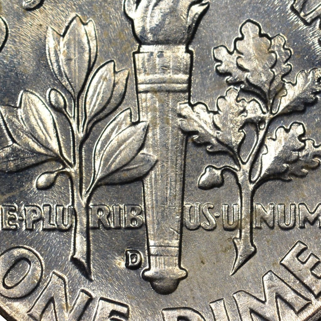 1963-D Roosevelt dime was doctored with recut bands on the torch in a deceptive effort to make them appear to be full bands.