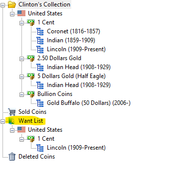 Want List in Collections Tree