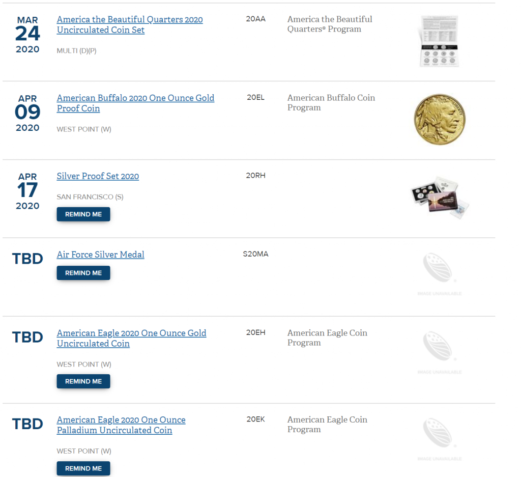 US Mint Numismatic Products Schedule Reflecting TBD Status