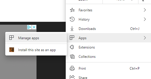 Install Site as an App Menu